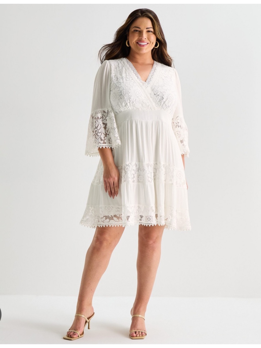 JCPenny White Lace 3/4 Sleeve Bell V-Neck Mini Dress